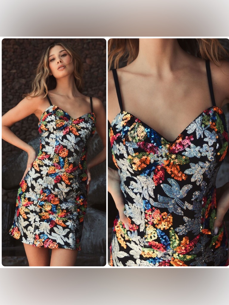 Mac Duggal Sequin Embellished Floral Spaghetti Straps Mini Dress 26867 Nwt $358